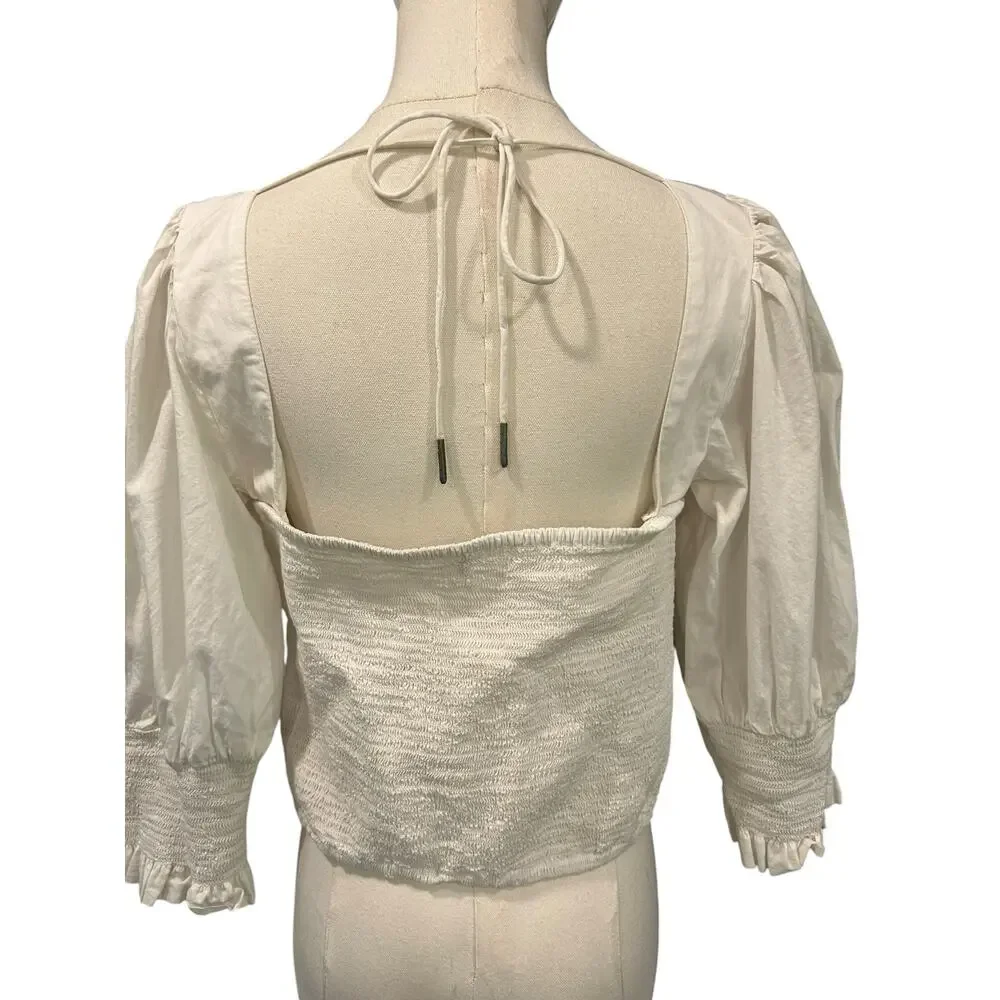 Free People White Milkmaid Corset Crop Top Puff Sleeve Smocked Coquette Boho L